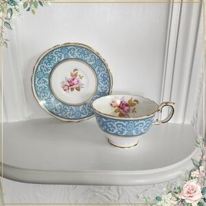 Hard to Find Vintage Crown Staffordshire Teacup and Saucer, Aqua Blue Border
